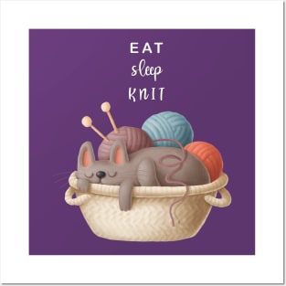 Eat Sleep Knit - Knitting With Cats Posters and Art